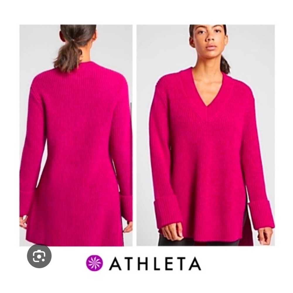 Athleta Ribbed V-Neck Tunic Sweater Womens fuchsia Wool Blend Slit